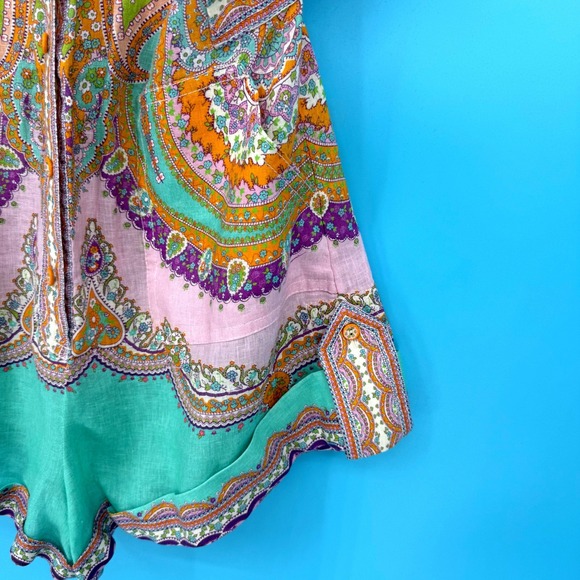 Zimmermann Lola Linen Romper Paisley Button Front Pockets Size 2 NO BELT Resort - Picture 5 of 14